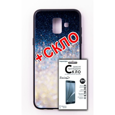 Комплект панель FINE LINE "Glam" для Samsung Galaxy A6 2018 бело-синий калейдоскоп, Защитное стекло для Samsung Galaxy A6 2018